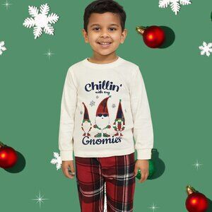 Kids Christmas Pajama Set – Gnomes Graphic Top & Red Plaid Pants – Holiday Sleep